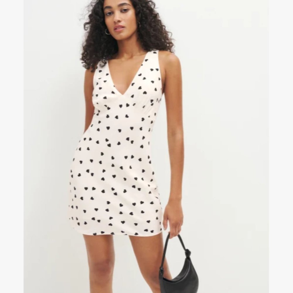 NWT Reformation Calix Dress in Sweetheart White Sleeveless Mini - black hearts